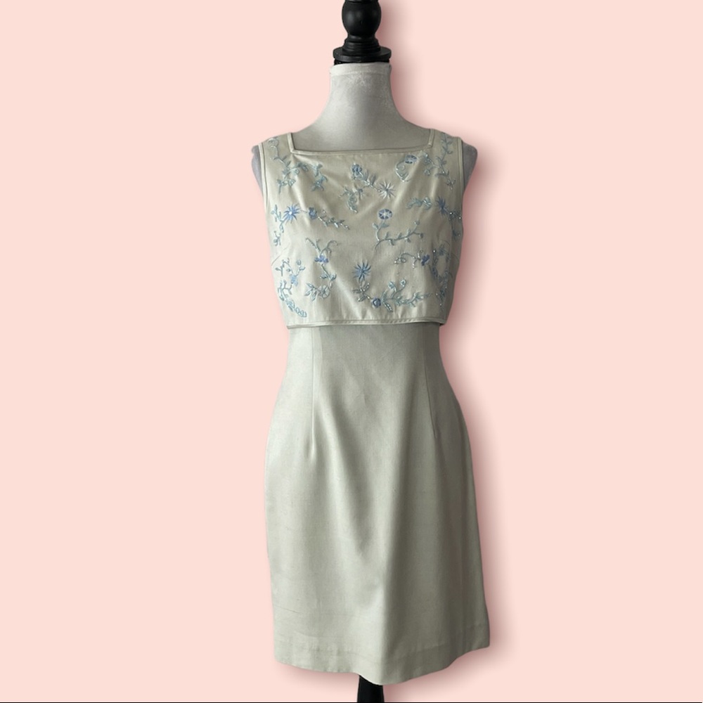 Kay Unger Evening Mid-90's Vintage Beaded Light Blue Cocktail Dress Size…
